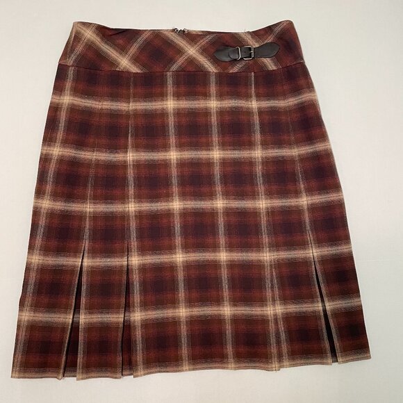 JONES WEAR Skirt Size 10 Pleated Knee Length Brown Plaid Lined Zip Back Stretch - Picture 1 of 12